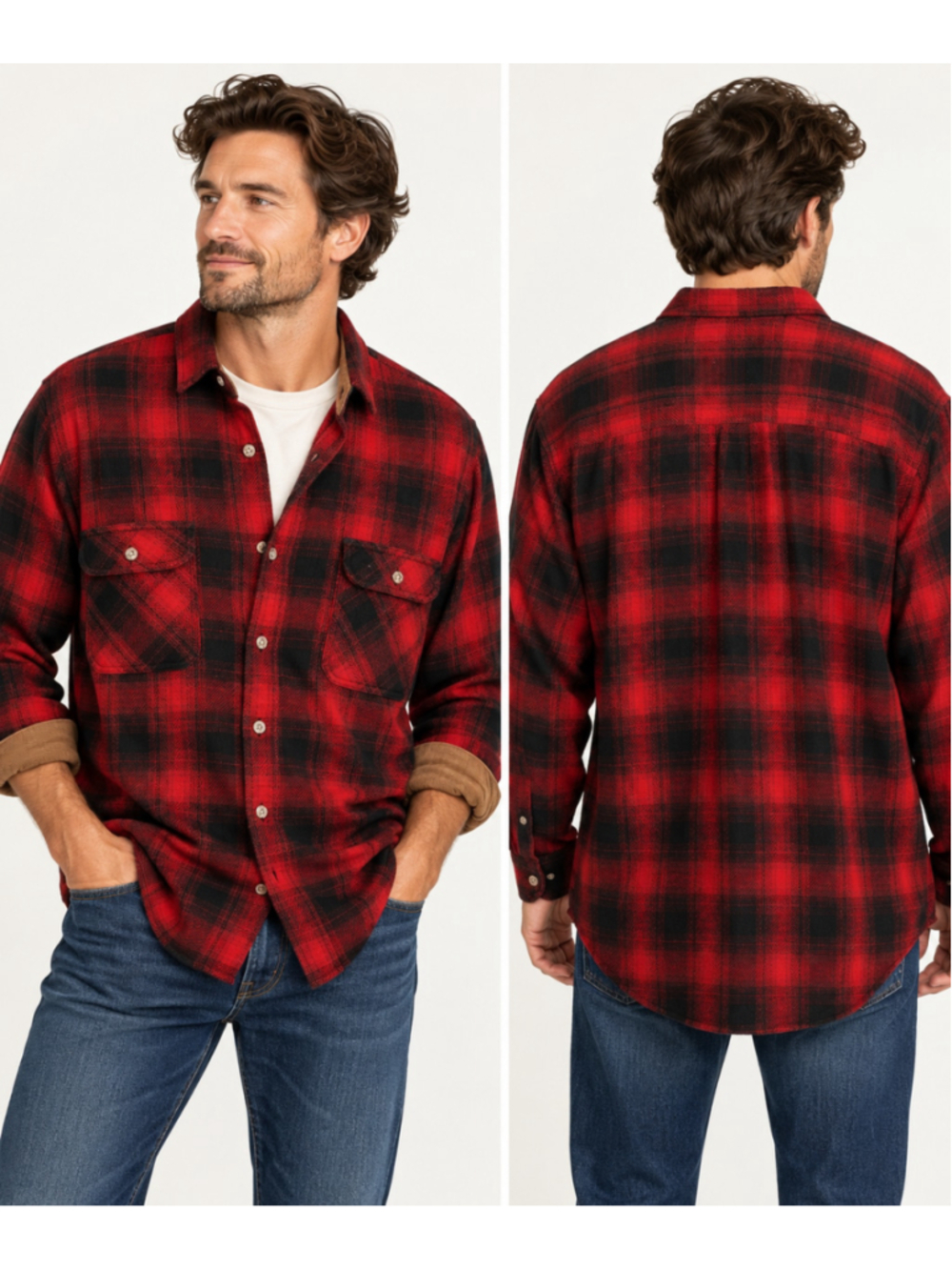 Field & Stream XL Tall Red Black Plaid Flannel Shirt Corduroy Trim Workwear